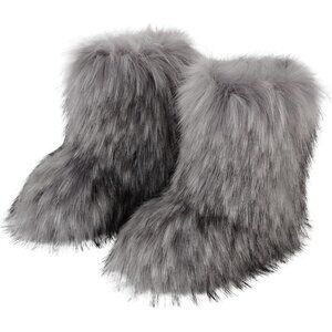 ⚡Women Light Gray Faux Fur Winter Warm Knee High Flat Heel Fluffy Snow Fur Boot